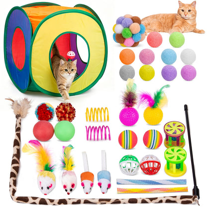 Retro Shaw 33Pcs Cat Toys Pack for Indoor Cats Kitten, with Cube Tunnel