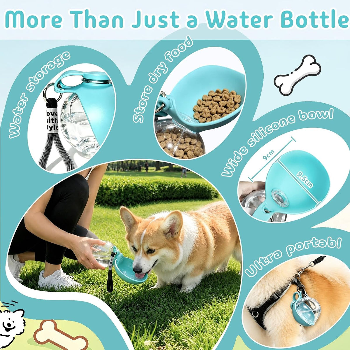 2 in 1 Portable Dog Water Bottle with Bowl, 10oz Leak-Proof Pet Dispenser