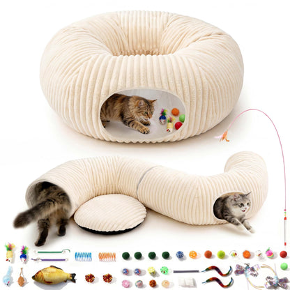 Cat Tunnel Bed with 40 Pcs Interactive Cat Toys, White