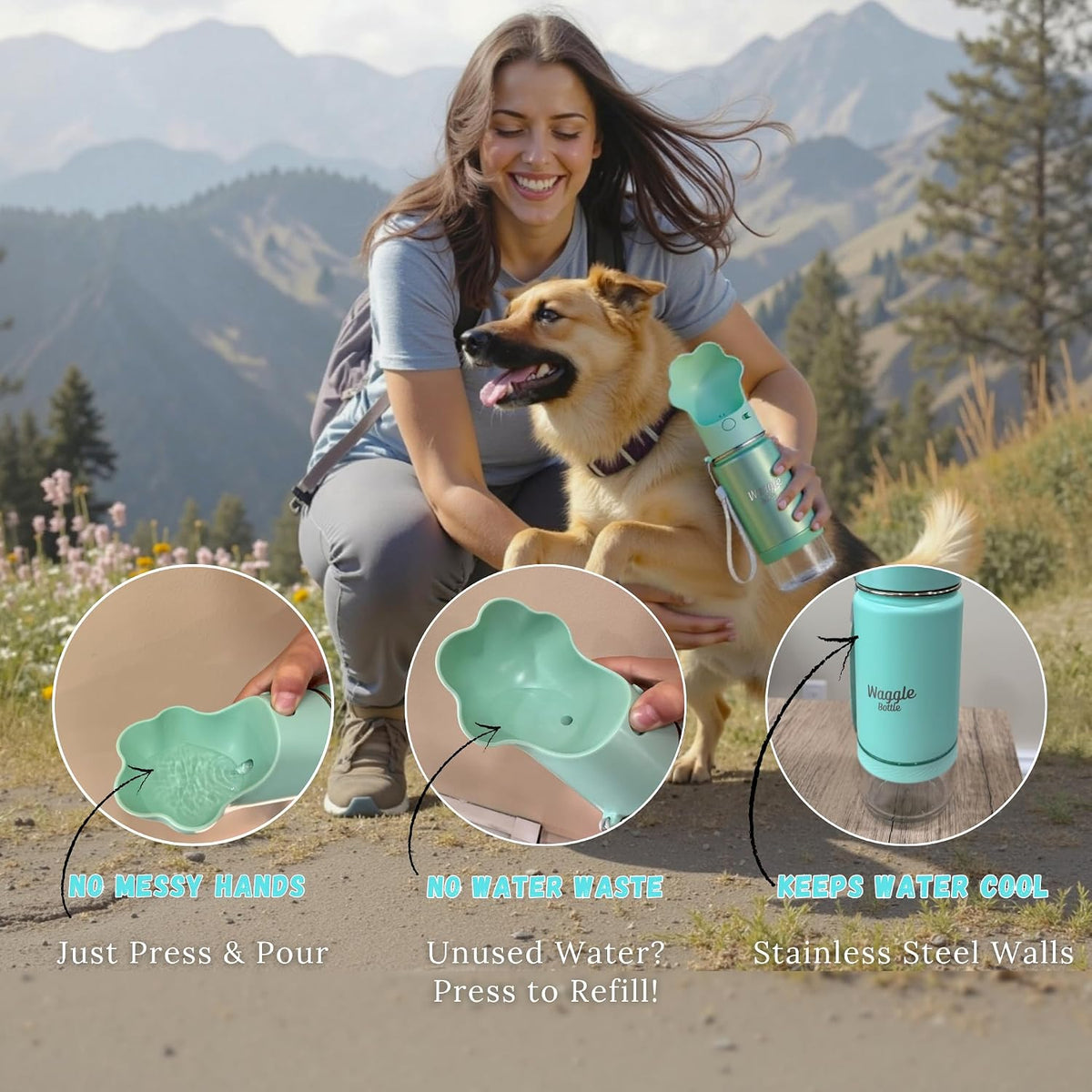 Stainless Steel Dog Travel Water Bottle, Vacuum Insulated Portable Dog Water Dispenser, Drink Cup and Snack Container On The Go, Outdoor Walking, Hiking, Travel (Mint)