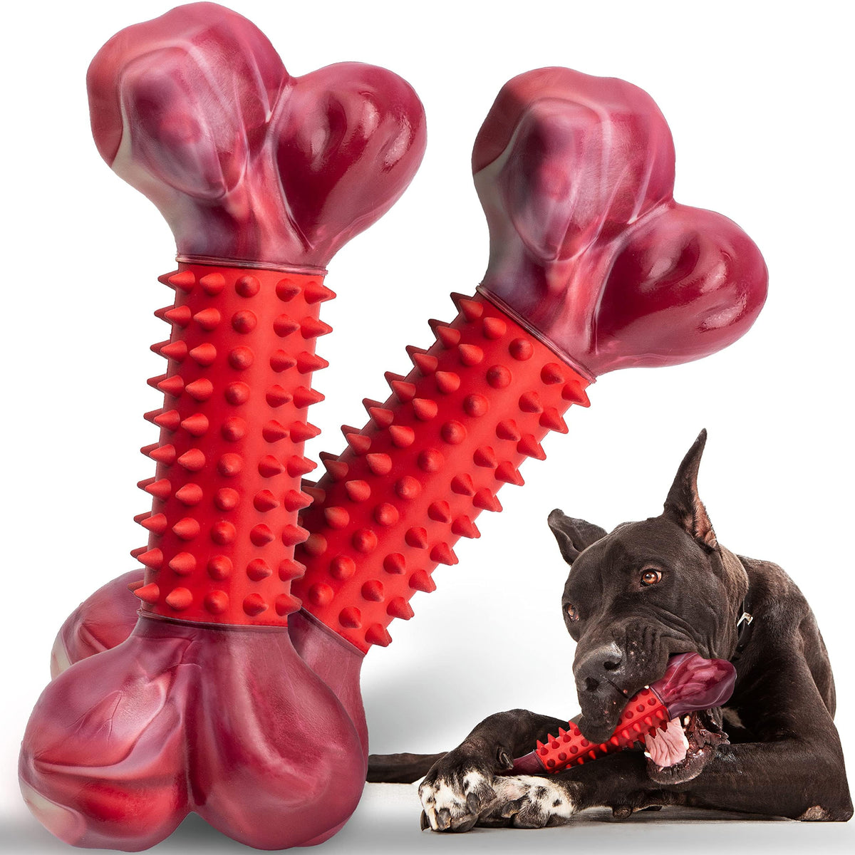 Tough Dog Toys for Aggressive Chewers: Beef Flavored Long Lasting Dog Bones for Large Dogs, Indestructible Dog Chew Toys to Keep Them Busy, Large Dog Toys for Medium & Large Breed, Red