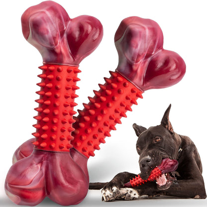 Tough Dog Toys for Aggressive Chewers: Beef Flavored Long Lasting Dog Bones for Large Dogs, Indestructible Dog Chew Toys to Keep Them Busy, Large Dog Toys for Medium & Large Breed, Red