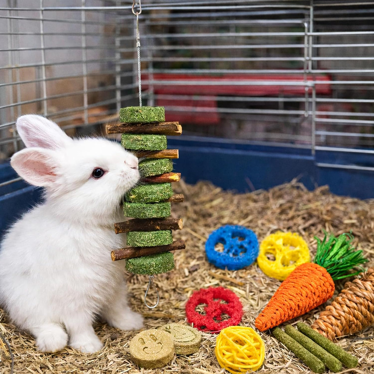 Grddaef 20 PCS Bunny Chew Toys for Teeth, Natural Rabbit Toys Apple Wood Grass Timothy Sticks Chew and Treat for Guinea Pigs Hamster Chinchillas