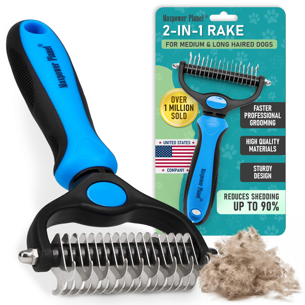 Maxpower Planet Pet Grooming Brush - Double Sided, Extra Wide for Dogs and Cats - Dematting Undercoat Rake, Reduces Shedding by 95%, Purple