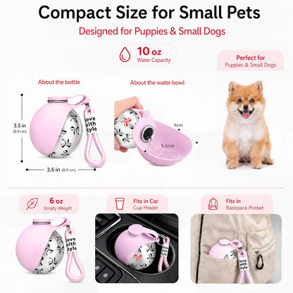 Portable Dog Water Bottle for Walking, 10oz Stainless Steel Pet Water Dispenser with Foldable Silicone Bowl, Leak-Proof Puppy Water Bottle for Small Dogs&Cats,Travel Hiking Outdoor Use(Pink Bow Print)