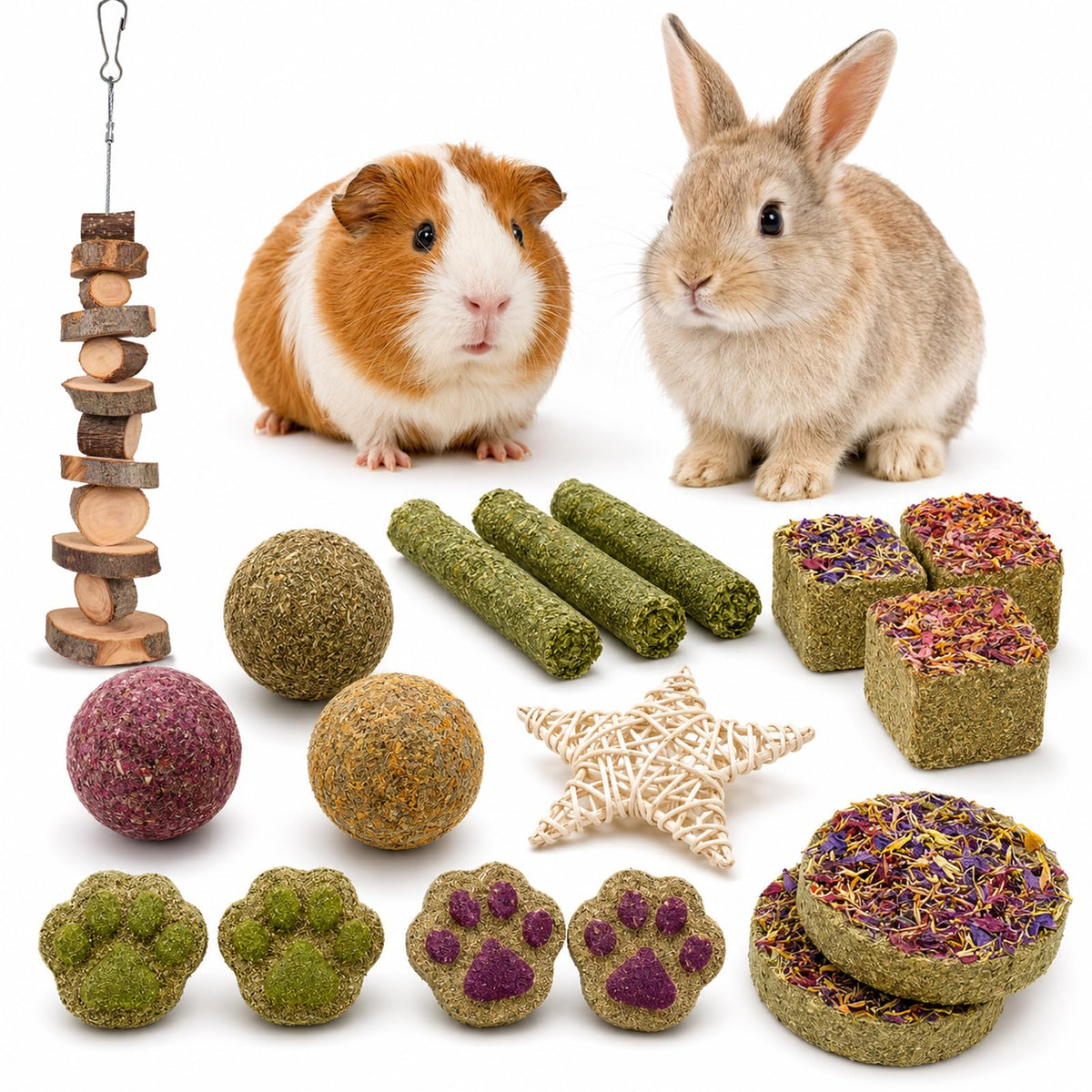 Grddaef 20 PCS Bunny Chew Toys for Teeth, Natural Rabbit Toys Apple Wood Grass Timothy Sticks Chew and Treat for Guinea Pigs Hamster Chinchillas