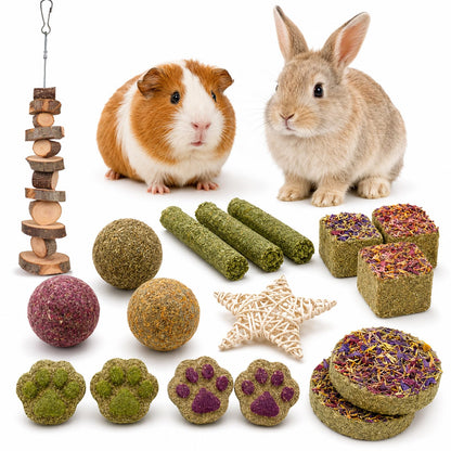 Grddaef 20 PCS Bunny Chew Toys for Teeth, Natural Rabbit Toys Apple Wood Grass Timothy Sticks Chew and Treat for Guinea Pigs Hamster Chinchillas