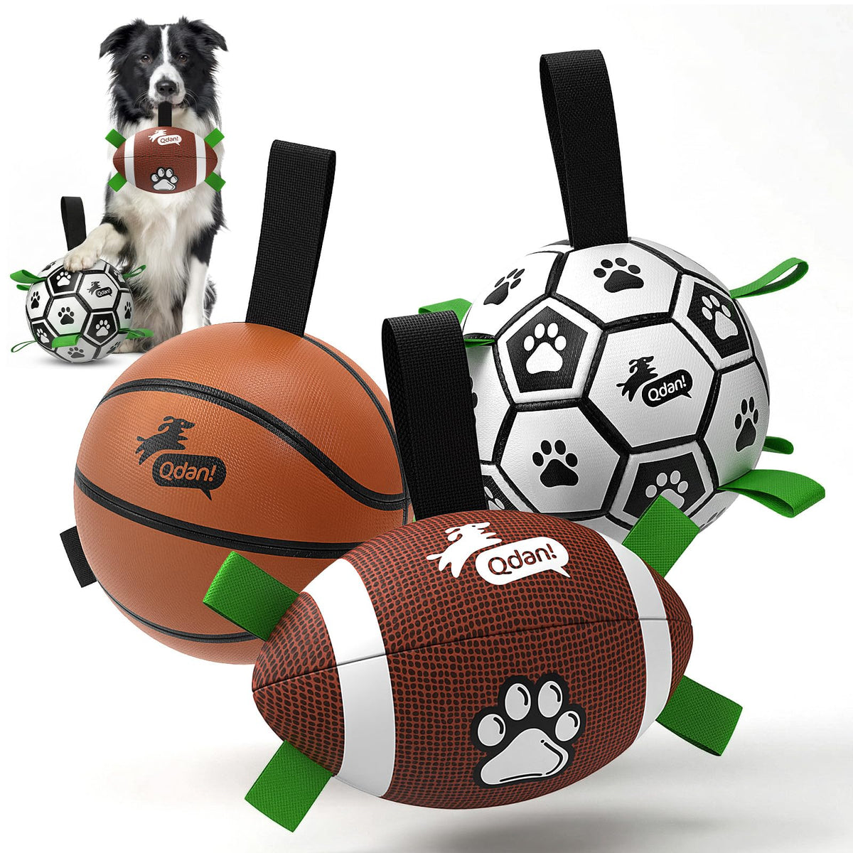 QDAN Dog Toys Dog Balls, 6 Inch Dog Soccer Ball with Straps, Herding Balls