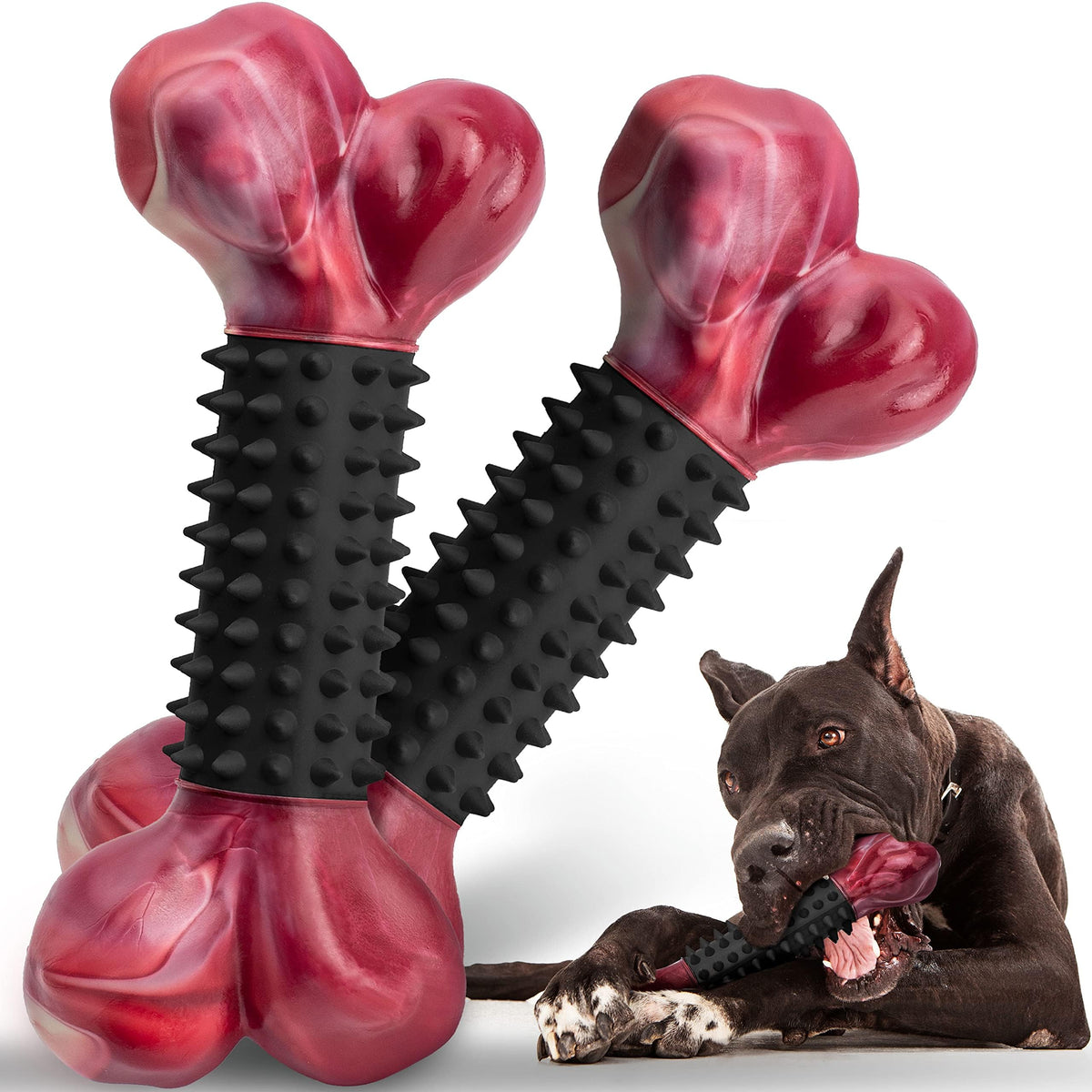 Tough Dog Toys for Aggressive Chewers: Beef Flavored Long Lasting Dog Bones for Large Dogs, Indestructible Dog Chew Toys to Keep Them Busy, Large Dog Toys for Medium & Large Breed, Red