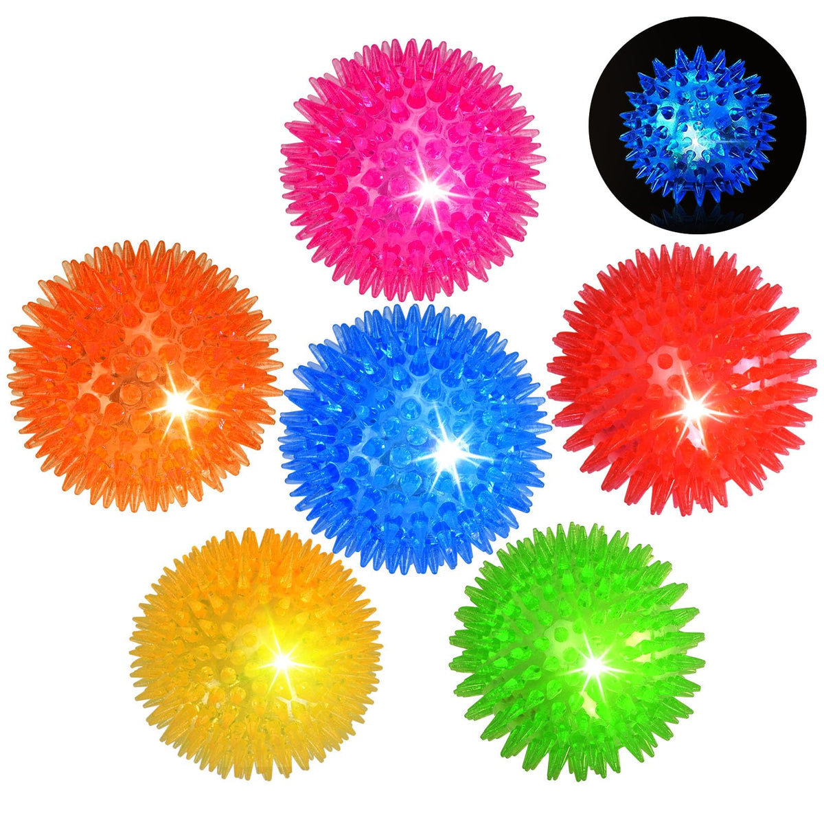 Novkin 6 Pack 2.5" LED Light Up Dog Balls, Squeaky Spiky Dog Toys for Aggressive Chewers, Durable Glow in The Dark Interactive Fetch Balls for Small Medium Large Dogs, Floating & BPA Free Non-Toxic