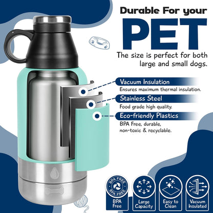 Portable Dog Water Bottle with 2 Removable Water Bowls for Dogs – Leak-Proof Insulated Stainless Steel Dog Water Bottle - Travel Accessories for Dogs - 32oz - Teal