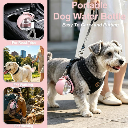 Dog Water Bottle Portable, 2in1 Round Foldable Water Bowl for Dogs Pink PET