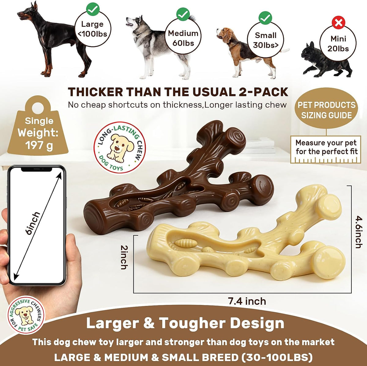 SIHRMIU 2 Pack Dog Chew Toys for Aggressive Chewers,Boredom and Stimulating Best Dog Toys for Medium/Large Breed,Tough Almost Indestructible Dog Bones for Teeth Cleaning and Training