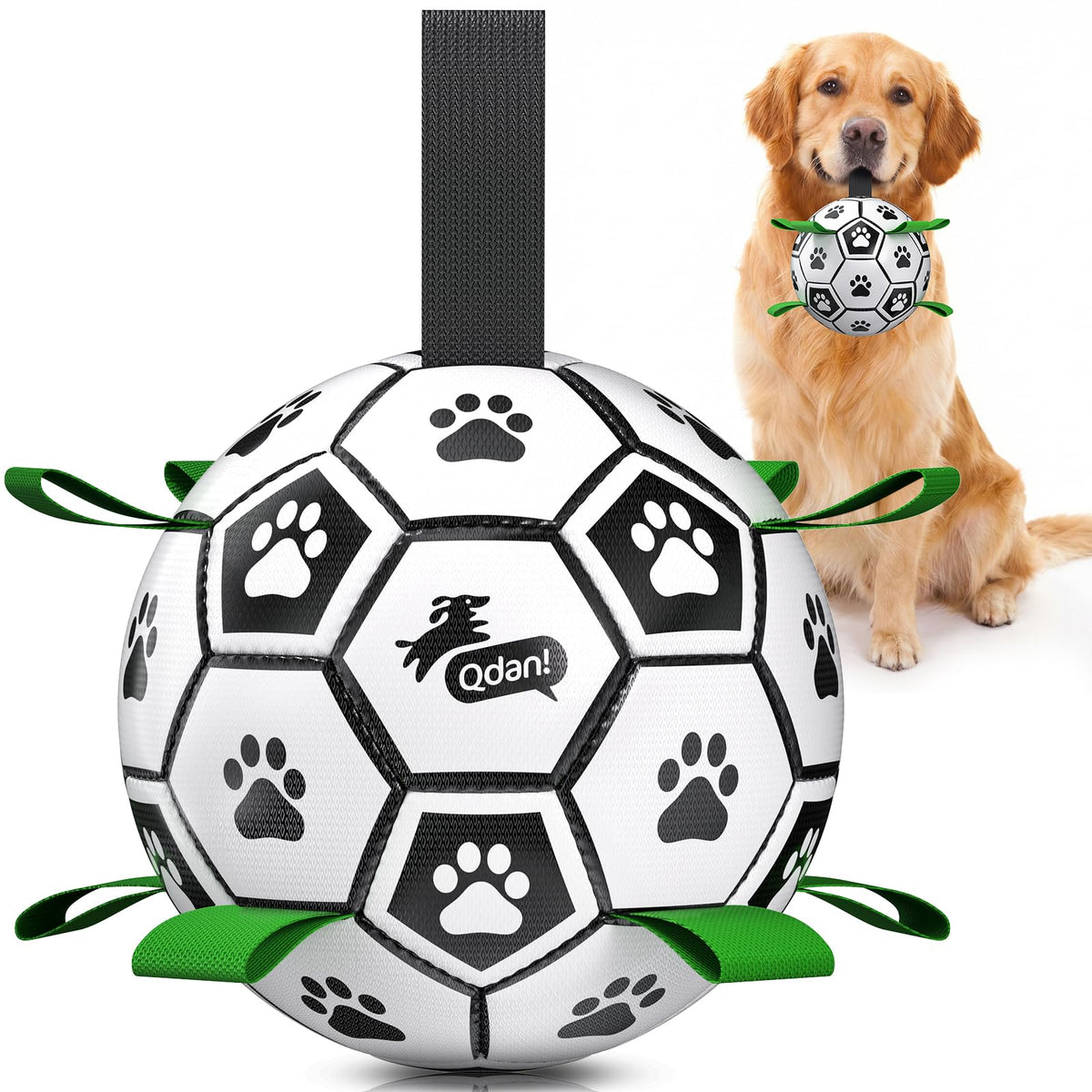 QDAN Dog Toys Dog Balls, 6 Inch Dog Soccer Ball with Straps, Herding Balls