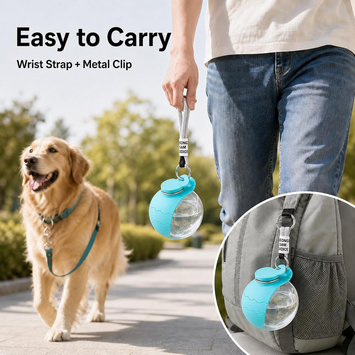 2-in-1 Portable Dog Water Bottle with Foldable Bowl, 10 oz, Plastic-Blue