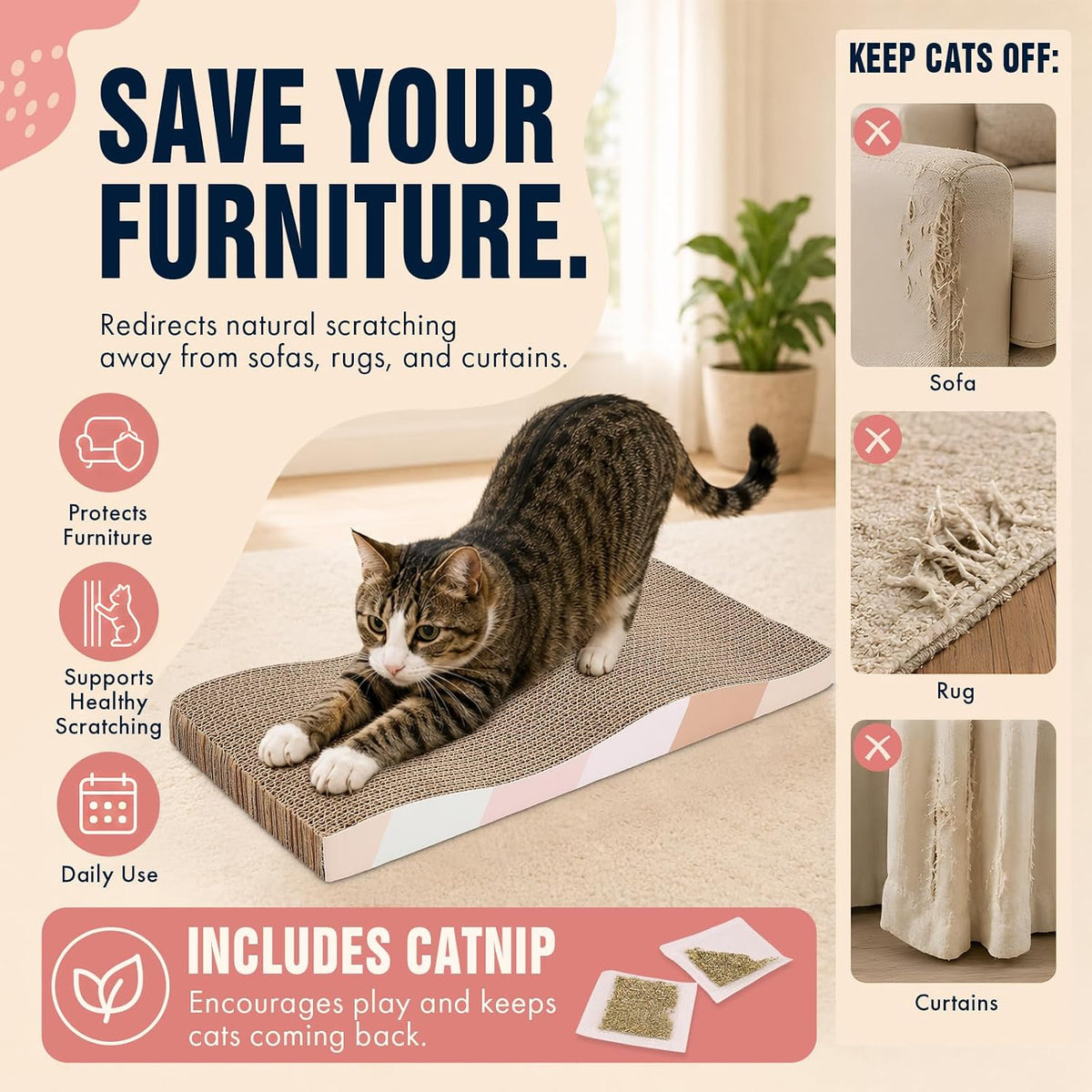 SIDAZON Cat Scratching Board cat Scratcher Cat Scratch Pad Cardboard cat scratchers for Indoor Cats Reversible Large Wide Corrugated with Catnip(2pcs)