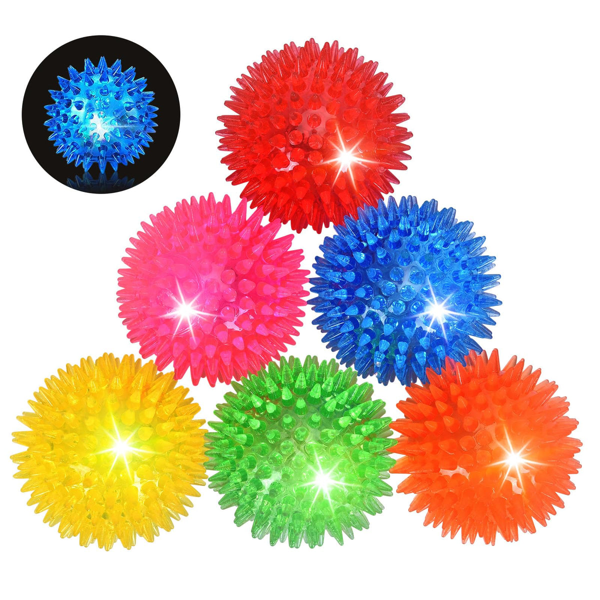 Novkin 6 Pack 2.5" LED Light Up Dog Balls, Squeaky Spiky Dog Toys for Aggressive Chewers, Durable Glow in The Dark Interactive Fetch Balls for Small Medium Large Dogs, Floating & BPA Free Non-Toxic
