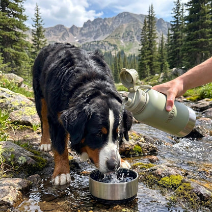Outdoor Dog Water Bottle with 2 Stainless Steel Bowls — PAWLO 3-in-1 Portable Insulated 32oz Travel Dispenser for Hiking, Walking, Camping, Road Trips — Leakproof Dog Bowl Set with Lid (Sage Green)