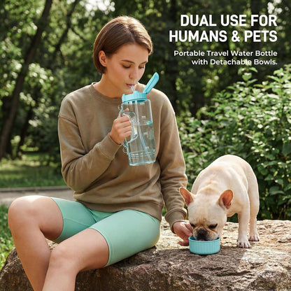 Dog & Mom Water Bottle 40.58oz with Detachable Bowl for Travel