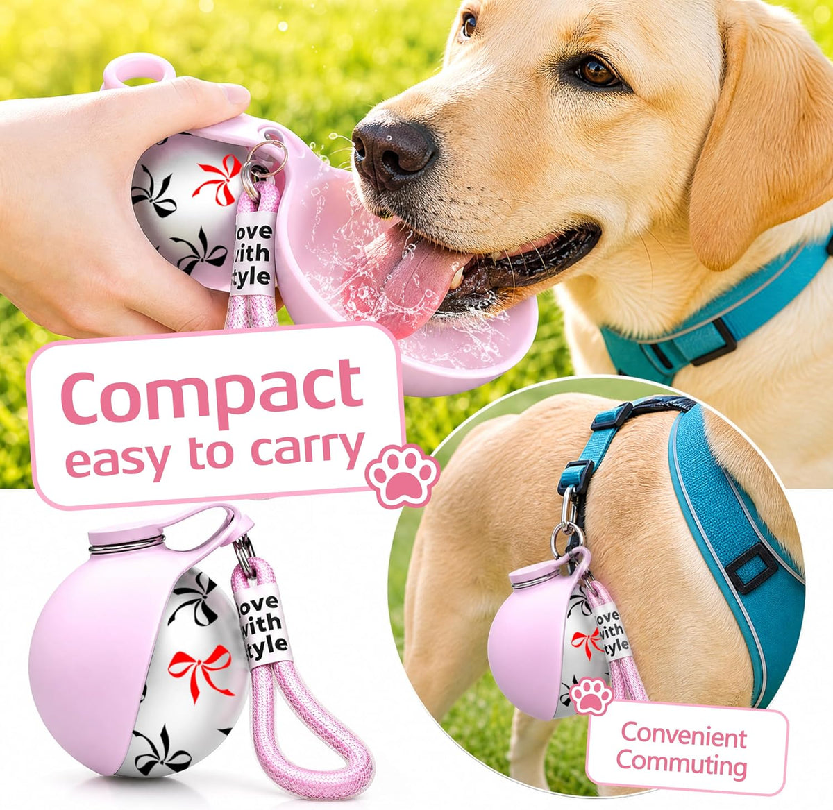 Portable Dog Water Bottle for Walking, 10oz Stainless Steel Pet Water Dispenser with Foldable Silicone Bowl, Leak-Proof Puppy Water Bottle for Small Dogs&Cats,Travel Hiking Outdoor Use(Pink Bow Print)